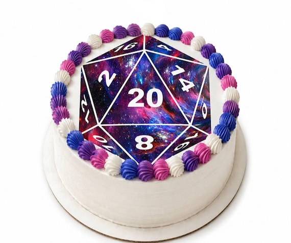 Galaxy D20 Dice Edible Cake Topper, Gamer Birthday Frosting Sheet Image ~ D24550