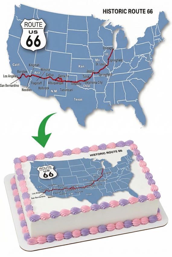 Route 66 Map Birthday ~ Edible 2D Fondant Birthday Cake/Cupcake Topper ~ D1706