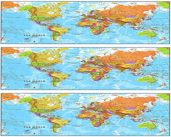 World Map Birthday Side Strips ~ Edible 2D Fondant Birthday Cake Side Toppers ~ D22338