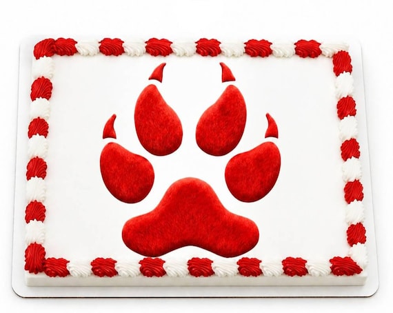 Red Furry Paw Print Edible Cake Topper, Claw Mascot Team Frosting Sheet Image, Wildcat Wolf ~ D22449