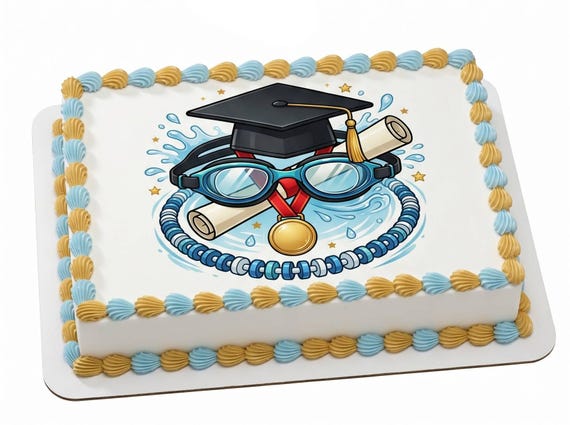 Swimming Graduation Cap Diploma Edible Cake Topper, Sports Grad Celebration Frosting Sheet Decoration ~ D30057
