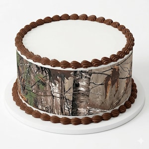 May include: A round cake with white frosting and chocolate frosting trim. The sides of the cake feature a camouflage pattern of brown, green, and tan. The cake sits on a white cake board.