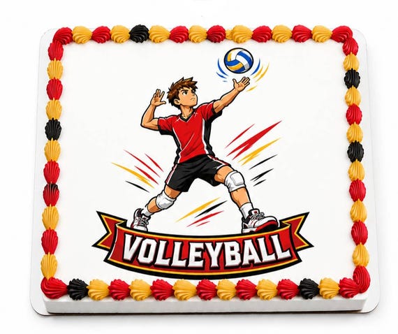 Volleyball Boy Spike Edible Cake Topper, Red Black Player Serve Frosting Sheet Image, Anime Athletic Team Party ~ D30120