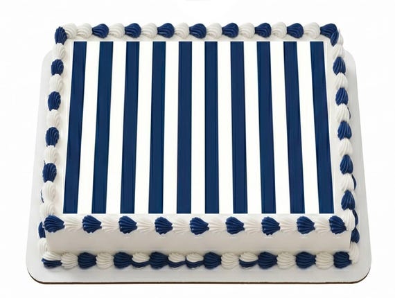 Navy Blue White Stripes Edible Cake Topper, Nautical Pattern Birthday Frosting Sheet Image, Classic ~ D24392
