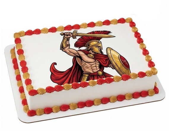 Spartan Warrior Mascot Edible Cake Topper, School Spirit Frosting Sheet Image, Red Gold Trojan ~ D846