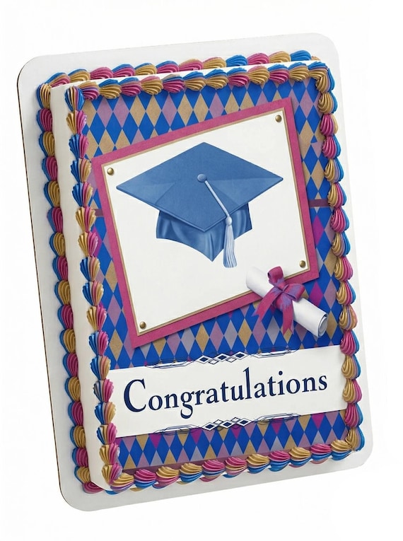 Congratulations Blue Cap Diamond Pattern Edible Cake Topper, Grad Celebration Frosting Sheet Decoration ~ D2230