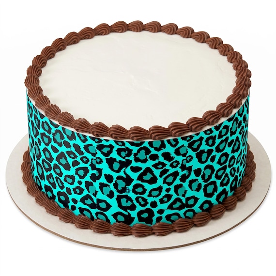 Teal Leopard Print Edible Cake Side Strip, Teal Black Animal Print Frosting Sheet Decoration ~ D22582