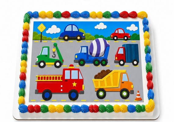 Construction Vehicles Edible Cake Topper, Kids Birthday Frosting Sheet Image ~ D999