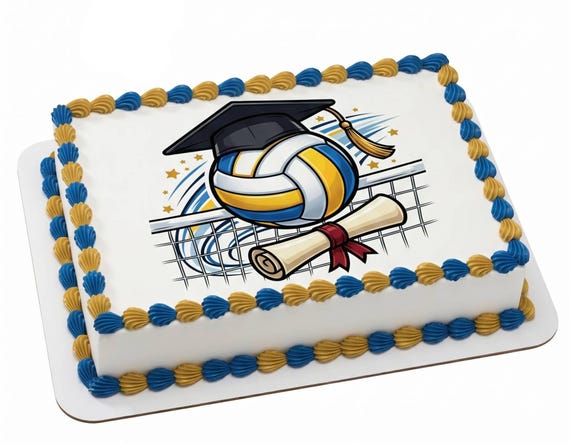 Volleyball Graduation Cap Diploma Edible Cake Topper, Sports Grad Celebration Frosting Sheet Decoration ~ D30056
