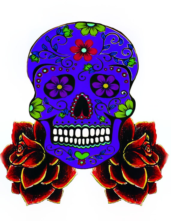 Purple Sugar Skull & Roses Halloween Birthday ~ Edible 2D Fondant Birthday Cake/Cupcake Topper ~ D22655