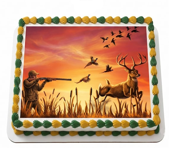 Hunting Sunset Deer Pheasant Edible Cake Topper, Outdoorsman Birthday Frosting Sheet Image ~ D22618