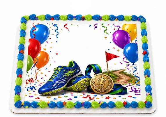 Track Graduation Balloons Edible Cake Topper, Runner Medal Shoes Frosting Sheet Image ~ D30192