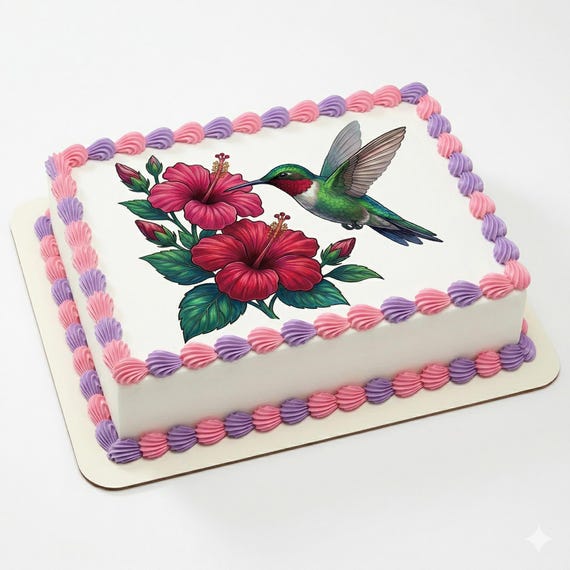 Mother’s Day Hummingbird Hibiscus Edible Cake Topper, Floral Frosting Sheet D30039