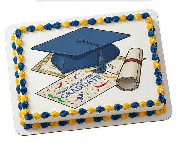 Blue Cap Congratulations Graduate Edible Cake Topper, Diploma Confetti Frosting Sheet Decoration ~ D5922