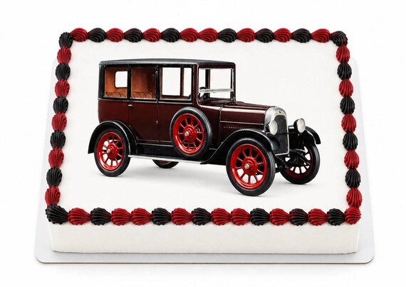 Antique Red Wheel Car Edible Cake Topper, Vintage Auto Birthday Frosting Sheet Image ~ D9195