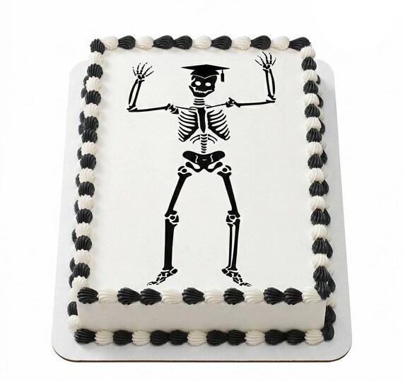 Graduation Skeleton Cap Gown Edible Cake Topper, Funny Grad Frosting Sheet Image, Commencement Party Decor ~ D24371