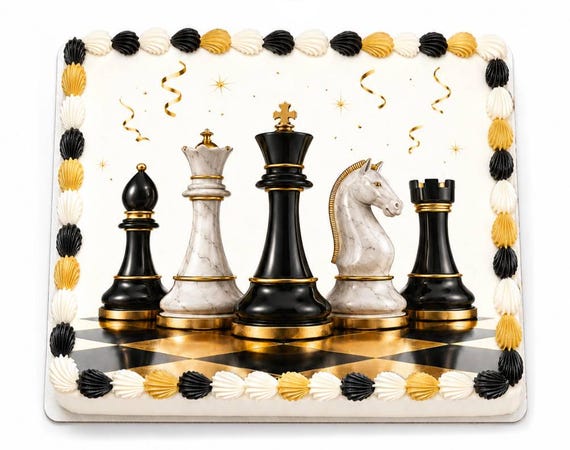Black White Gold Chess Pieces Edible Cake Topper, Elegant Birthday Frosting Sheet ~ D30249