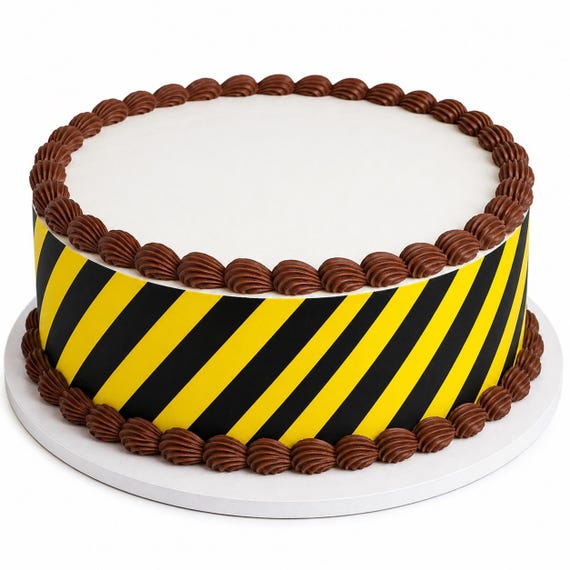 Yellow Black Hazard Stripe Edible Cake Side Strips, Caution Warning Diagonal Frosting Sheet Wrap Borders, Construction ~ D30107