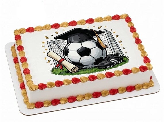 Soccer Graduation Cap Diploma Edible Cake Topper, Sports Grad Celebration Frosting Sheet Decoration ~ D30055