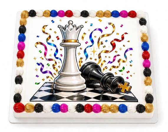 Chess Victory Edible Cake Topper, White Queen Fallen Black King, Colorful Birthday ~ D30250