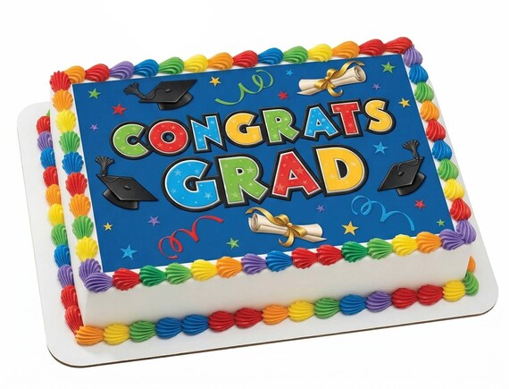 Congrats Grad Edible Cake Topper Rainbow Graduation Cake Image Bright Party Decor D5926