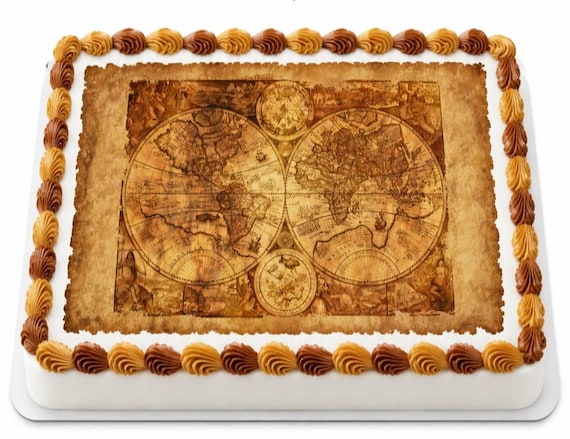 Vintage World Map Edible Cake Topper, Antique Travel Frosting Sheet, Explorer Birthday Decor ~ D22914