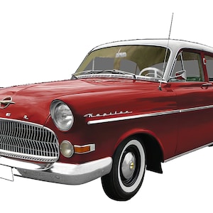 May include: A red 1950s Opel Kapitan sedan with a white roof and chrome accents. The car has a chrome grille and a chrome bumper.