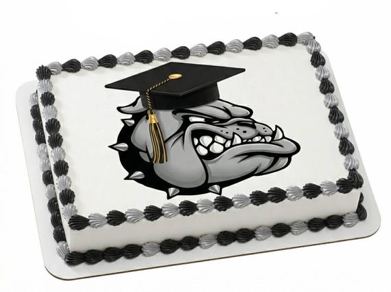 Bulldog Graduation Cap Mascot Edible Cake Topper, School Spirit Frosting Sheet Image, Grad Party Decor ~ D24588