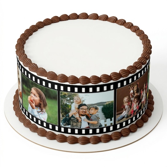 Film Reel Photo Collage Edible Cake Side Strip, Custom Movie Strip Frosting Sheet, Birthday Anniversary Memorial Party Decoration ~ D24159