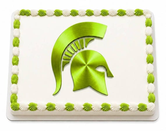 Green Spartan Helmet Metallic Edible Cake Topper, Trojan Warrior School Frosting Sheet Image, Lime ~ D22462