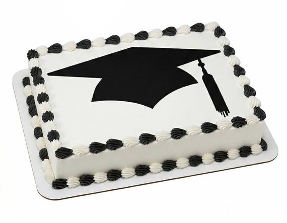Black Graduation Cap Silhouette Tassel Edible Cake Topper, Commencement Frosting Sheet Image, Grad Party Decor ~ D25416