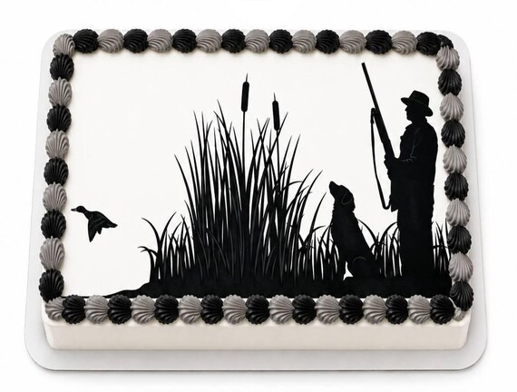 Duck Hunting Silhouette Edible Cake Topper, Waterfowl Cattail Frosting Sheet Image, Hunter Dog ~ D9961