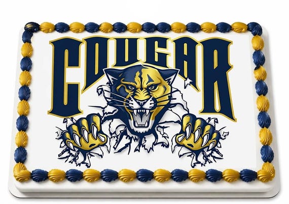 Cougar Mascot Edible Cake Topper, School Spirit Frosting Sheet Image, Navy Gold Cougar Logo ~ D926