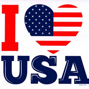 May include: A graphic with the words "I USA" in red and navy blue. The heart-shaped letter "O" in "I USA" is filled with the American flag design, featuring red and white stripes and white stars on a blue background.