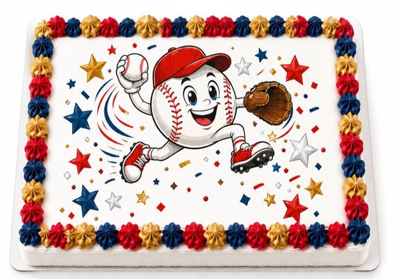 Baseball Mascot Stars Edible Cake Topper, Sports Birthday Frosting Sheet Image ~ D30136