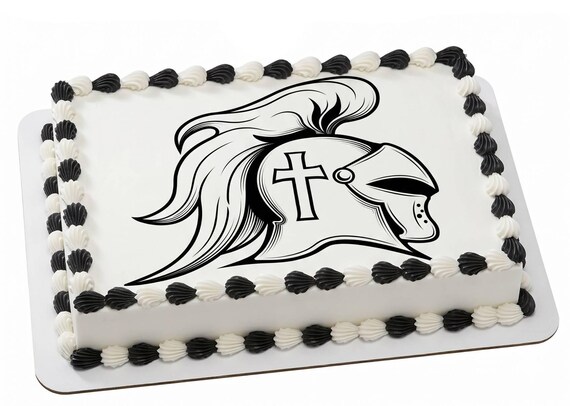 Knight Crusader Helmet Edible Cake Topper, School Spirit Frosting Sheet Image, Black White Knight ~ D855