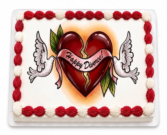 Happy Divorce Edible Cake Topper, Funny Divorce Party Frosting Sheet Image, Broken Heart Doves ~ D3051