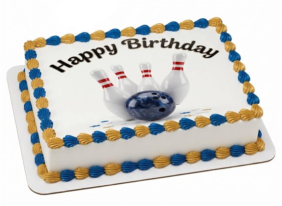 Happy Birthday Bowling Edible Cake Topper, Bowling Party Frosting Sheet Decoration ~ D22668