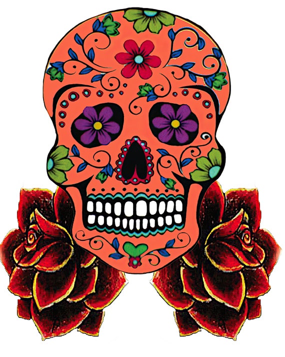 Orange Sugar Skull & Roses Halloween Birthday ~ Edible 2D Fondant Birthday Cake/Cupcake Topper ~ D22653