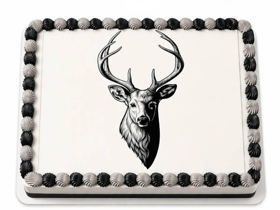 Black White Deer Edible Cake Topper, Hunting Frosting Sheet Image, Rustic Buck Birthday Decor ~ D20087