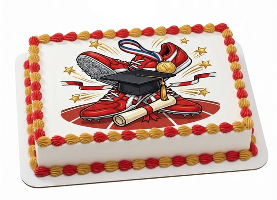 Track Graduation Cap Diploma Edible Cake Topper, Sports Grad Celebration Frosting Sheet Decoration ~ D30058