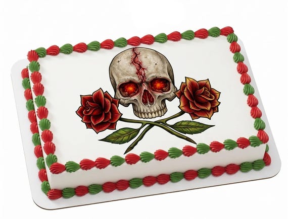 Skull and Red Roses Edible Cake Topper, Gothic Floral Frosting Sheet Decoration ~ D5847