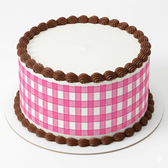Pink Gingham Edible Cake Side Strips, Plaid Frosting Sheet Wrap Decoration D24530