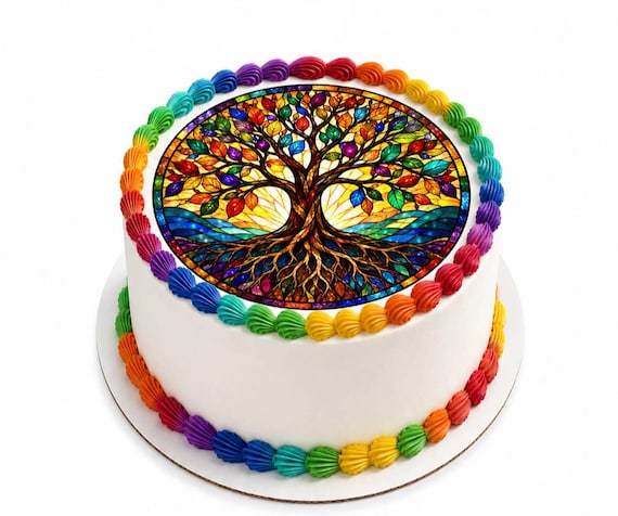 Rainbow Tree of Life Edible Cake Topper, Stained Glass Birthday Frosting Sheet Image ~ D30184