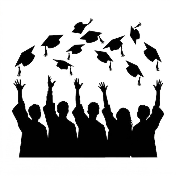 Graduation Cap Toss Silhouette Edible Cake Topper Image, Personalized (9 Size Options) - SKU D30013