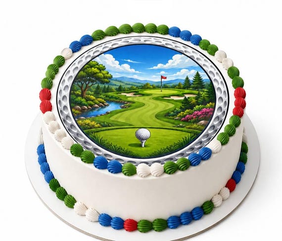 Golf Course View Round Edible Cake Topper, Golfer Birthday Frosting Sheet Image ~ D30126