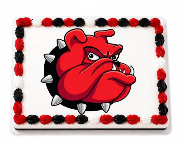 Red Bulldog Mascot Spiked Collar Edible Cake Topper, School Team Frosting Sheet Image, Dawgs Pride ~ D20473