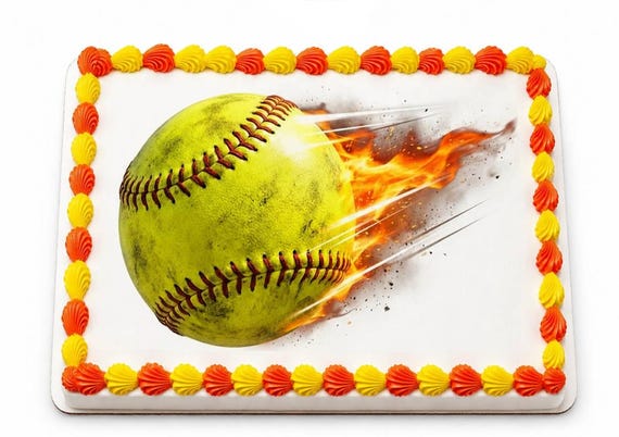 Flaming Softball Edible Cake Topper, Fastpitch Sports Frosting Sheet Image, Team Party ~ D30146