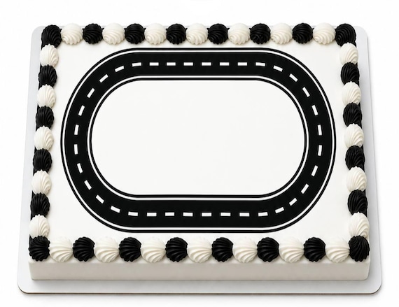 Race Track Edible Cake Topper, Black Oval Road Frame Frosting Sheet, Race Car Birthday Party ~ D30300