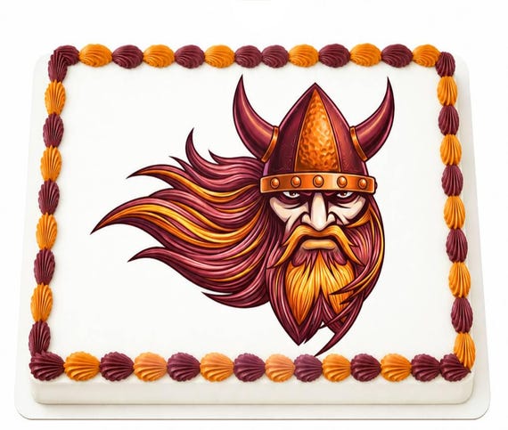 Maroon Orange Viking Warrior Edible Cake Topper, Norse Horned Helmet Frosting Sheet Image, Mascot Beard School Team ~ D24704